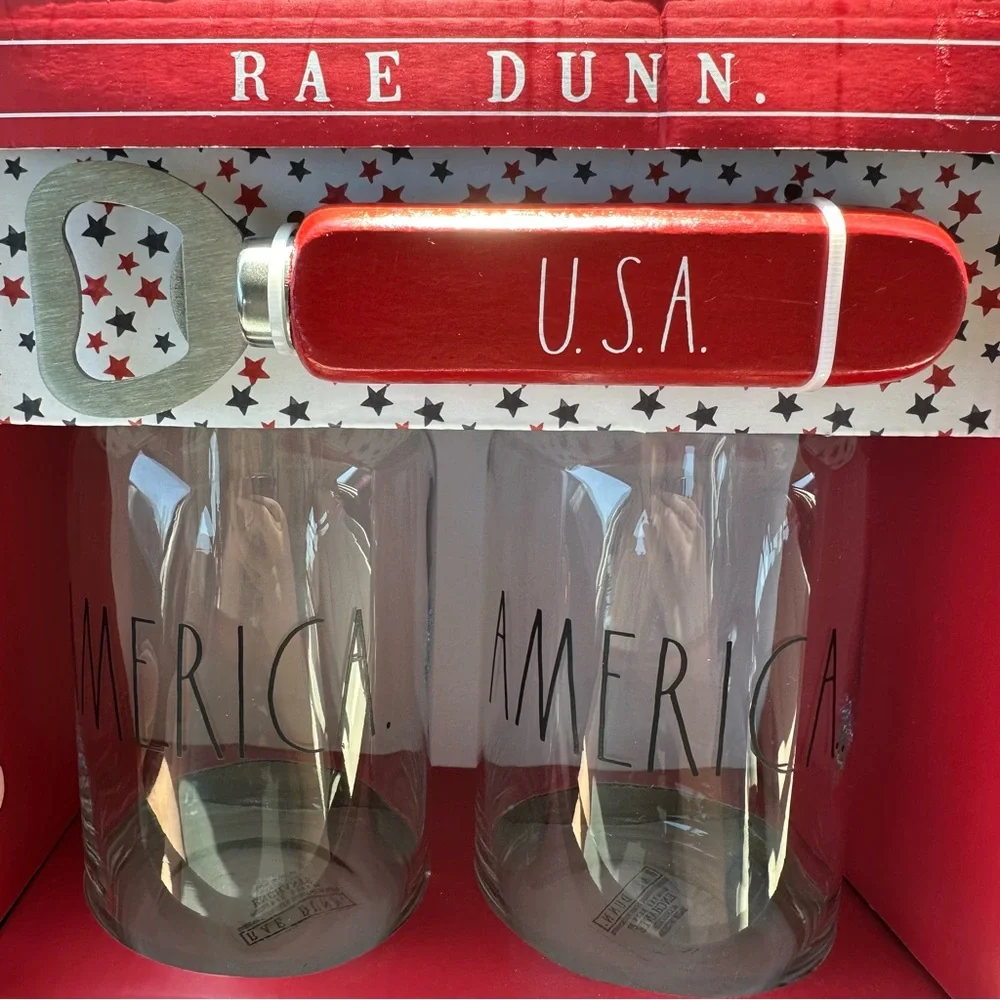 NEW Rae Dunn Patriotic USA America Beer Glasses with Bottle Opener Set NIB